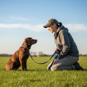 Koira ja kouluttaja ulkona