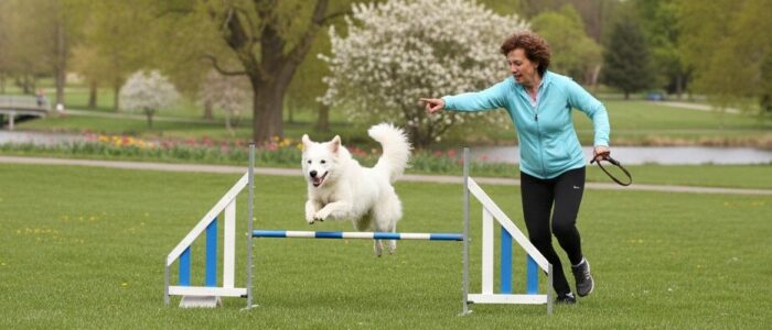 image Valkoinen paimenkoira hyppyesteellä naisen ohjaamana.