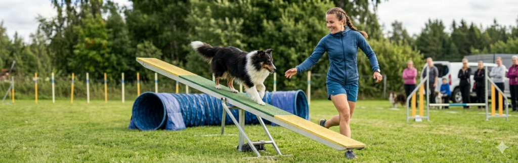 Nainen keinuesteellä koiran kanssa.