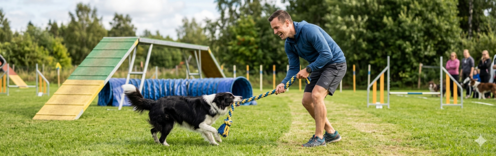 Mies leikkii koiran kanssa köysilelulla.